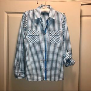 NWOT Kim Rogers Button Down Shirt Size Med - Turquoise & White